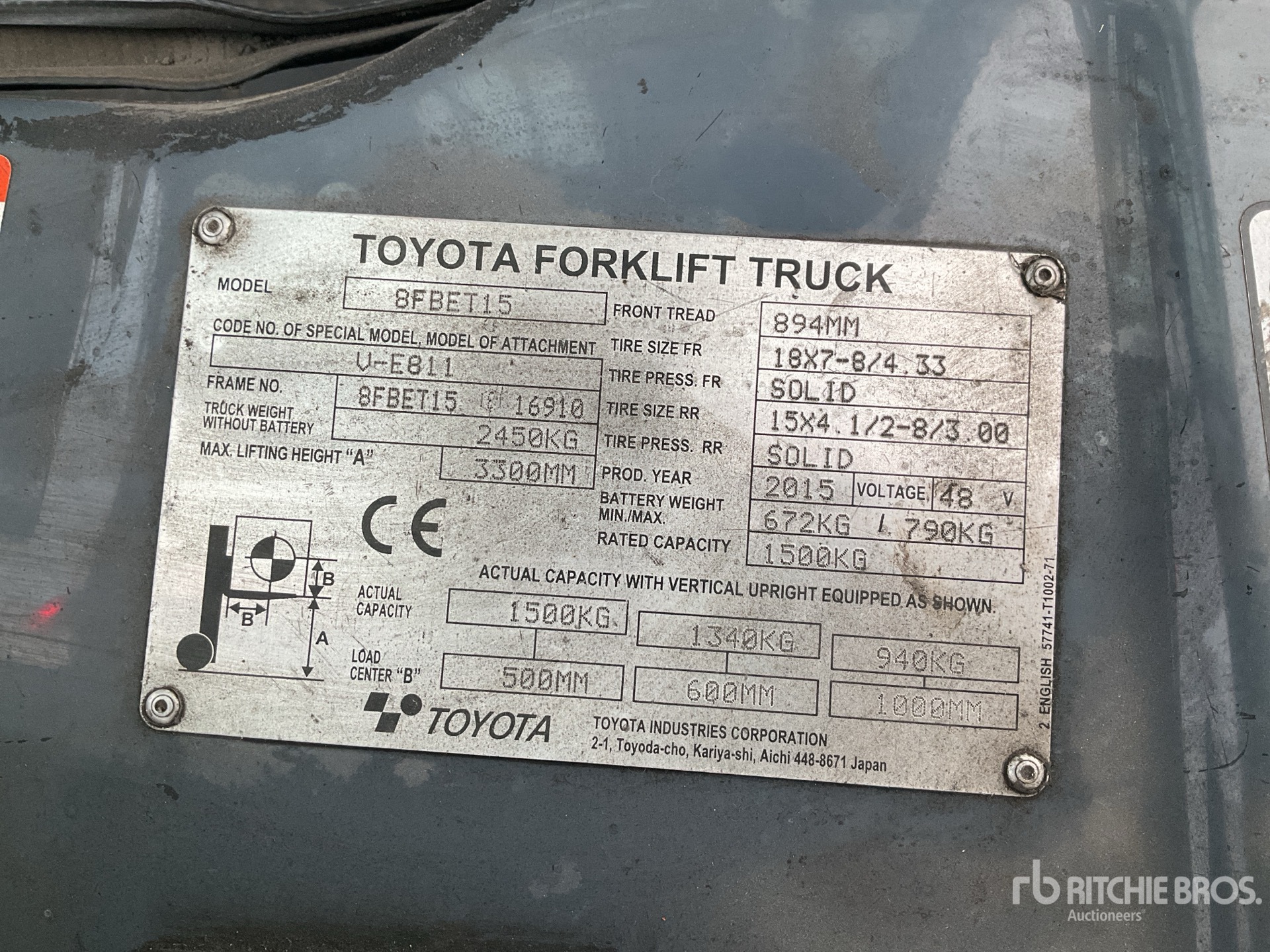 2015 Toyota 8FBET15 1500 kg Electric Forklift Ritchie Bros. Auctioneers