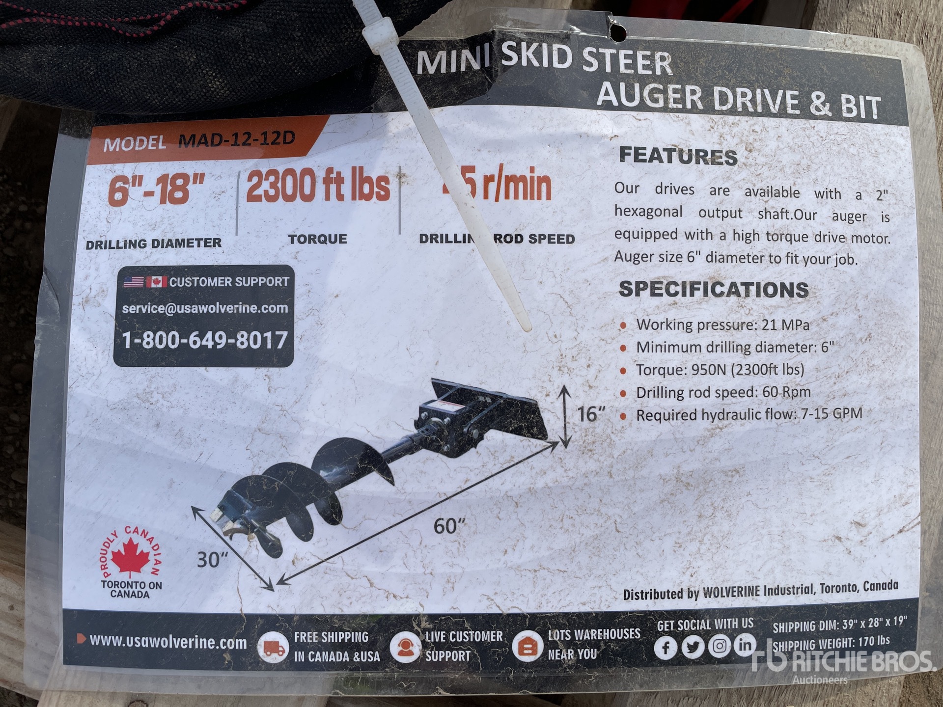 2024 Wolverine MAD-12-12D Mini 12 inch Auger Bit Trivella per mini pala ...