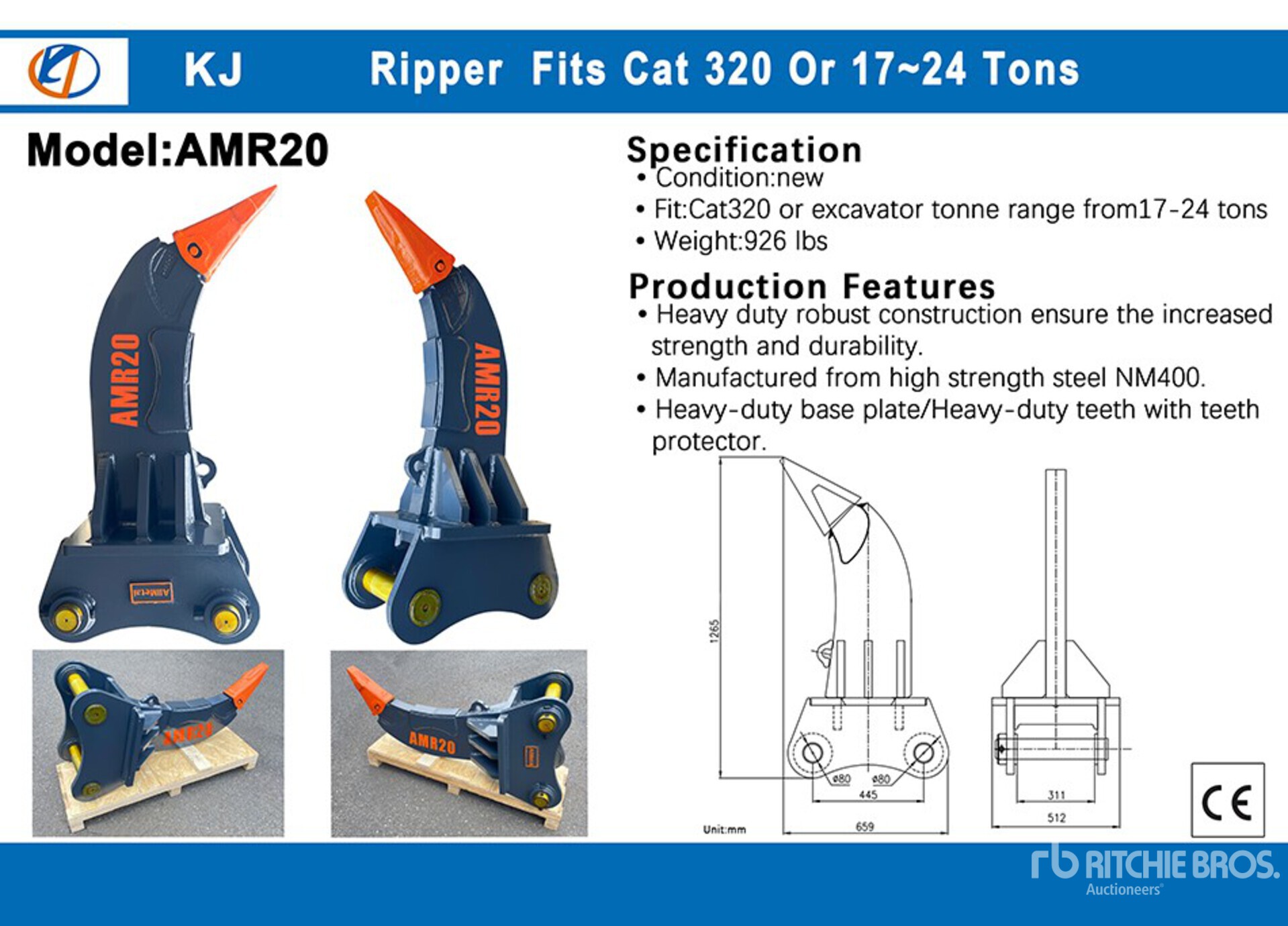 2025 KJ AMR20 Excavator Ripper - Fits Cat 320 / 17 - 24 ton (Unused ...