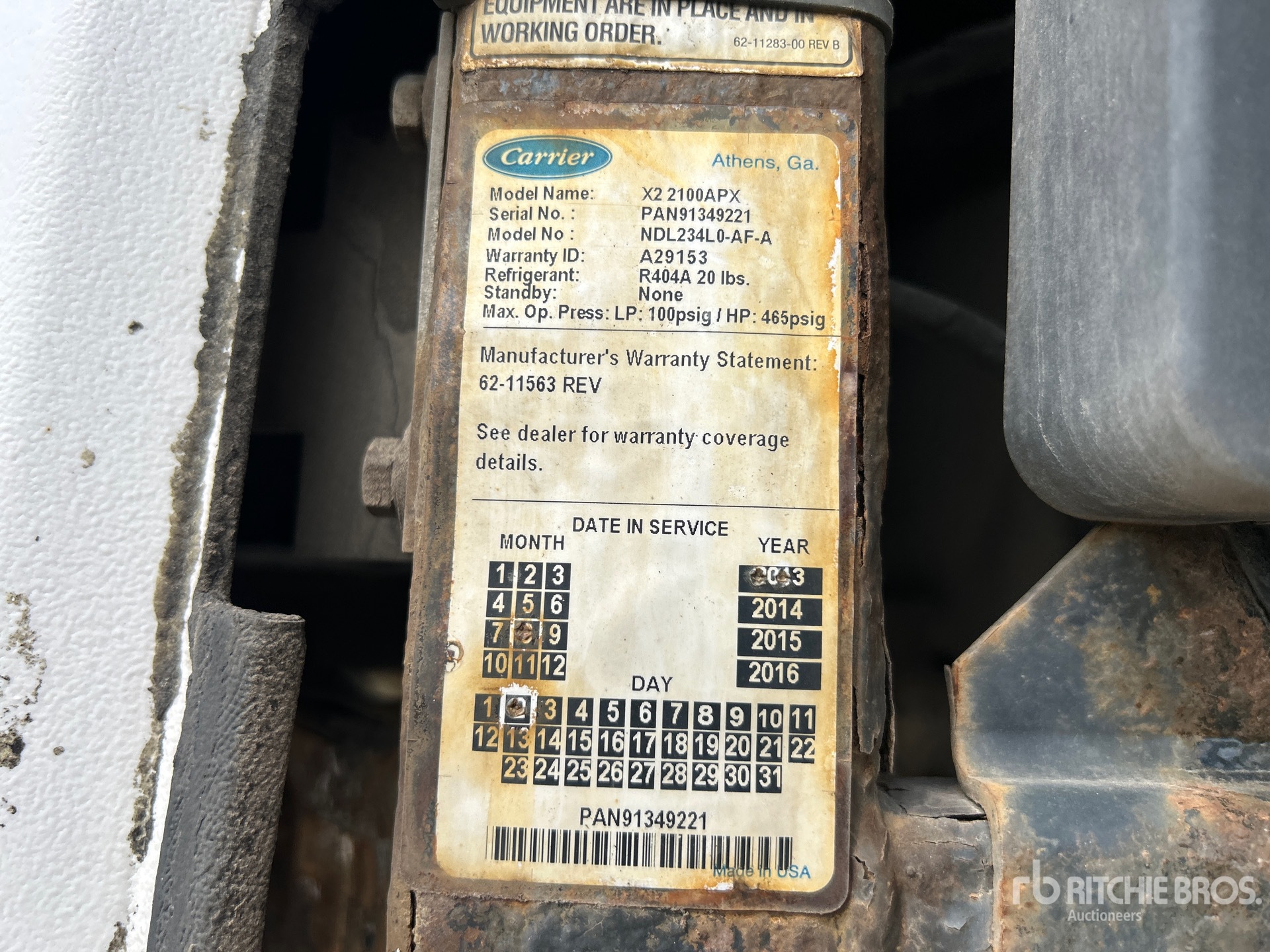General Appearance with Refrigeration Unit Serial Number