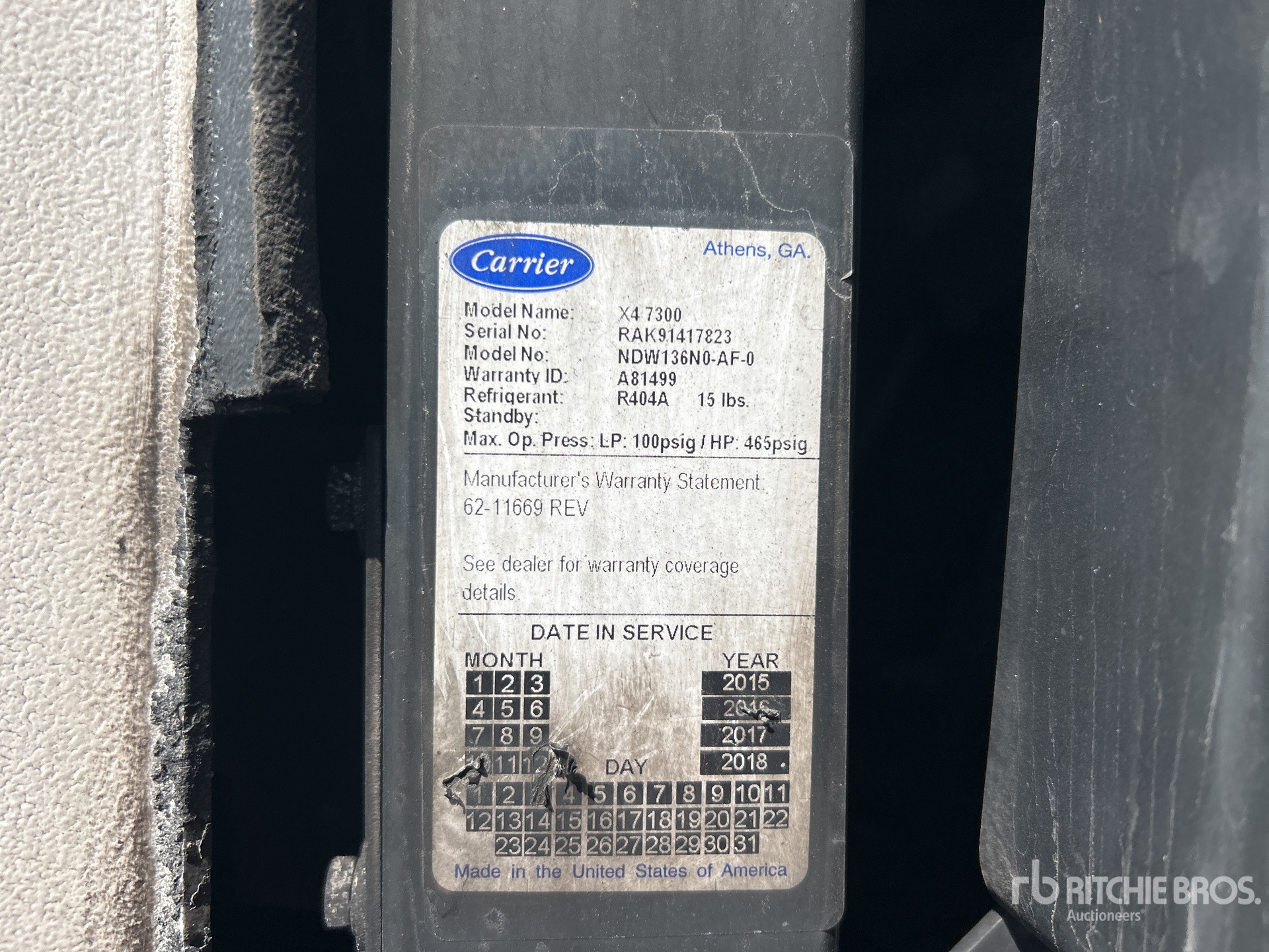 General Appearance with Refrigeration Unit Serial Number
