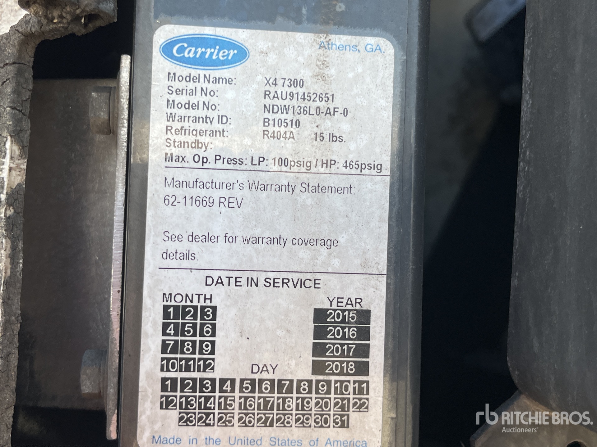 General Appearance with Refrigeration Unit Serial Number