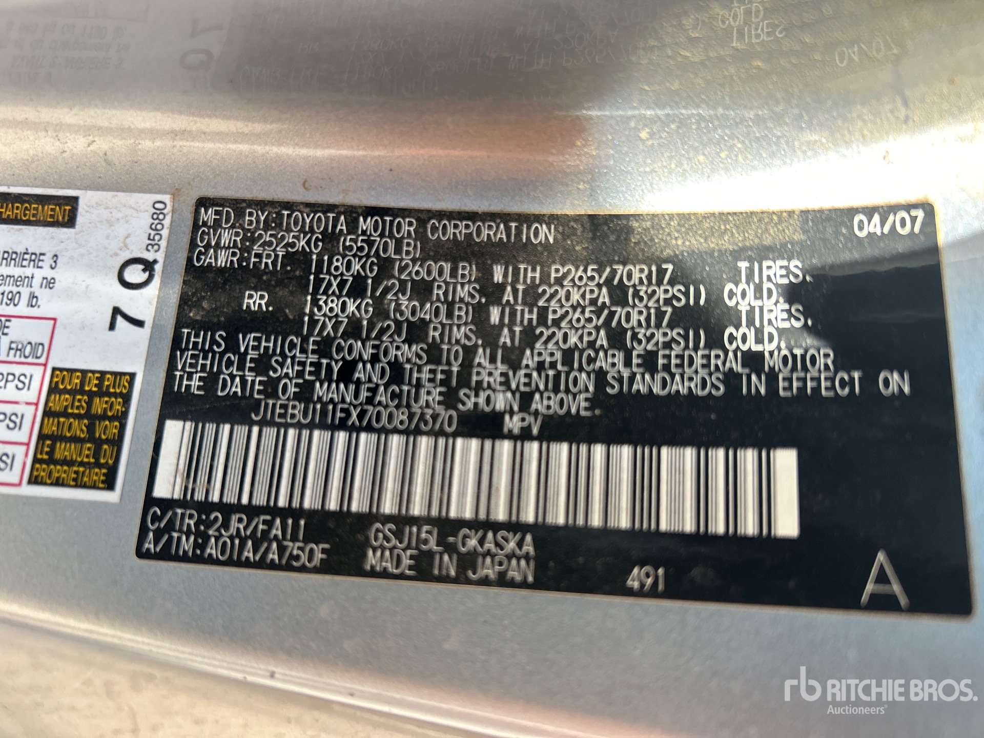 General Appearance with Serial Number / VIN