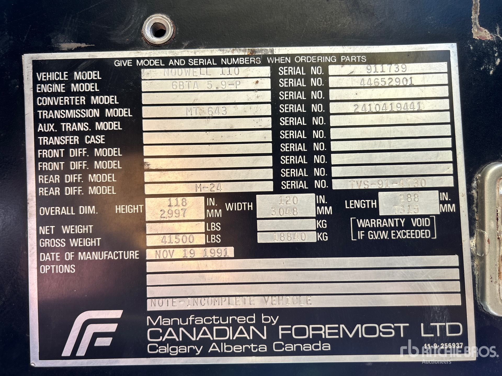 General Appearance with Serial Number / VIN