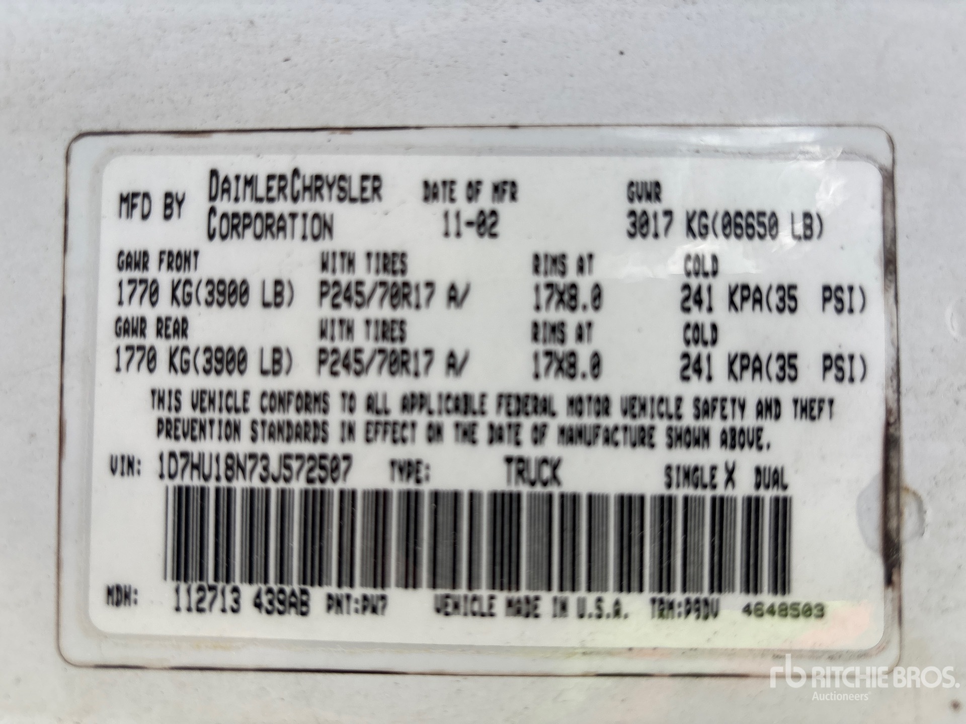 General Appearance with Serial Number / VIN