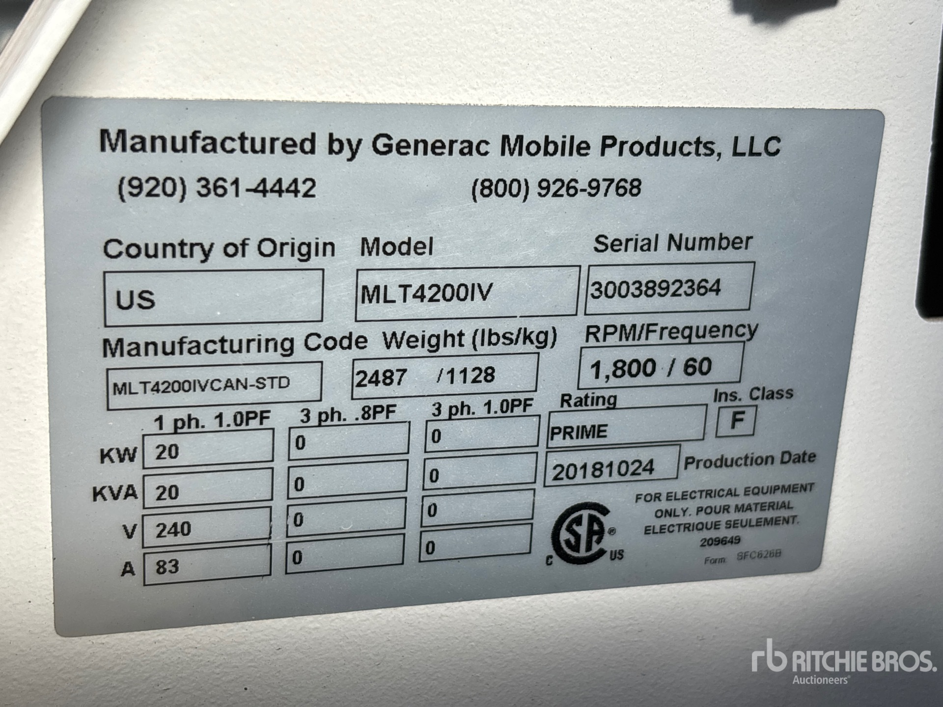 General Appearance with Unit Serial Number