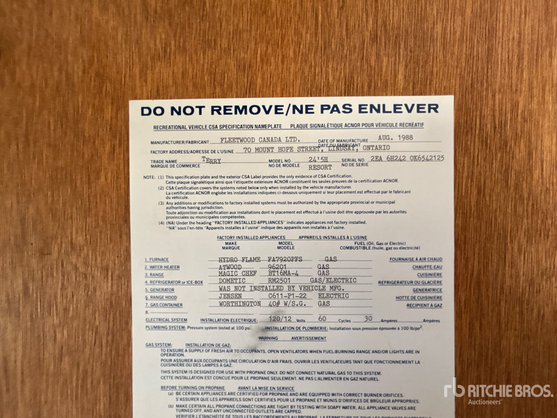 General Appearance with Serial Number / VIN