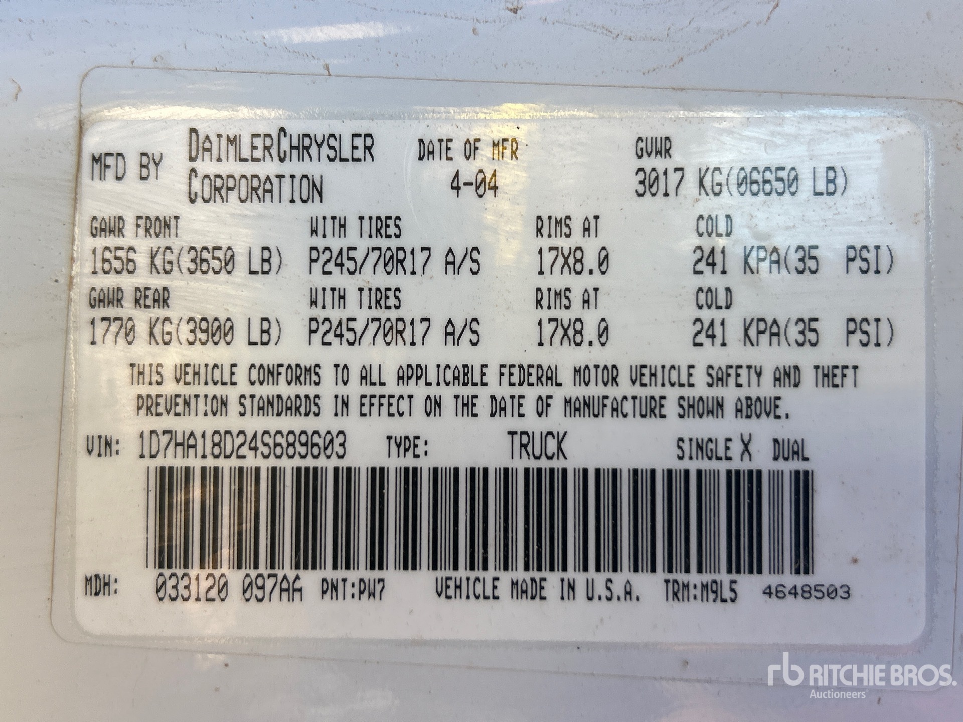 General Appearance with Serial Number / VIN