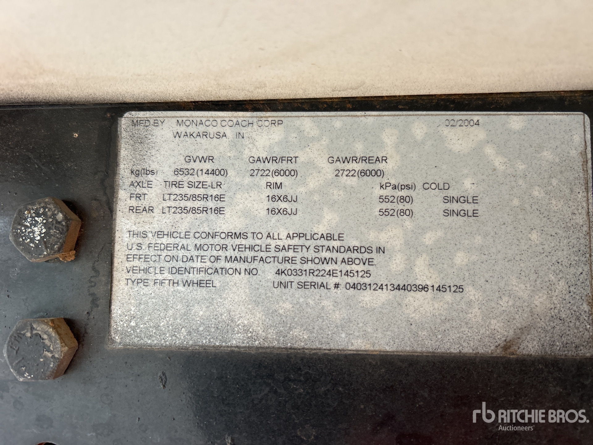 General Appearance with Serial Number / VIN