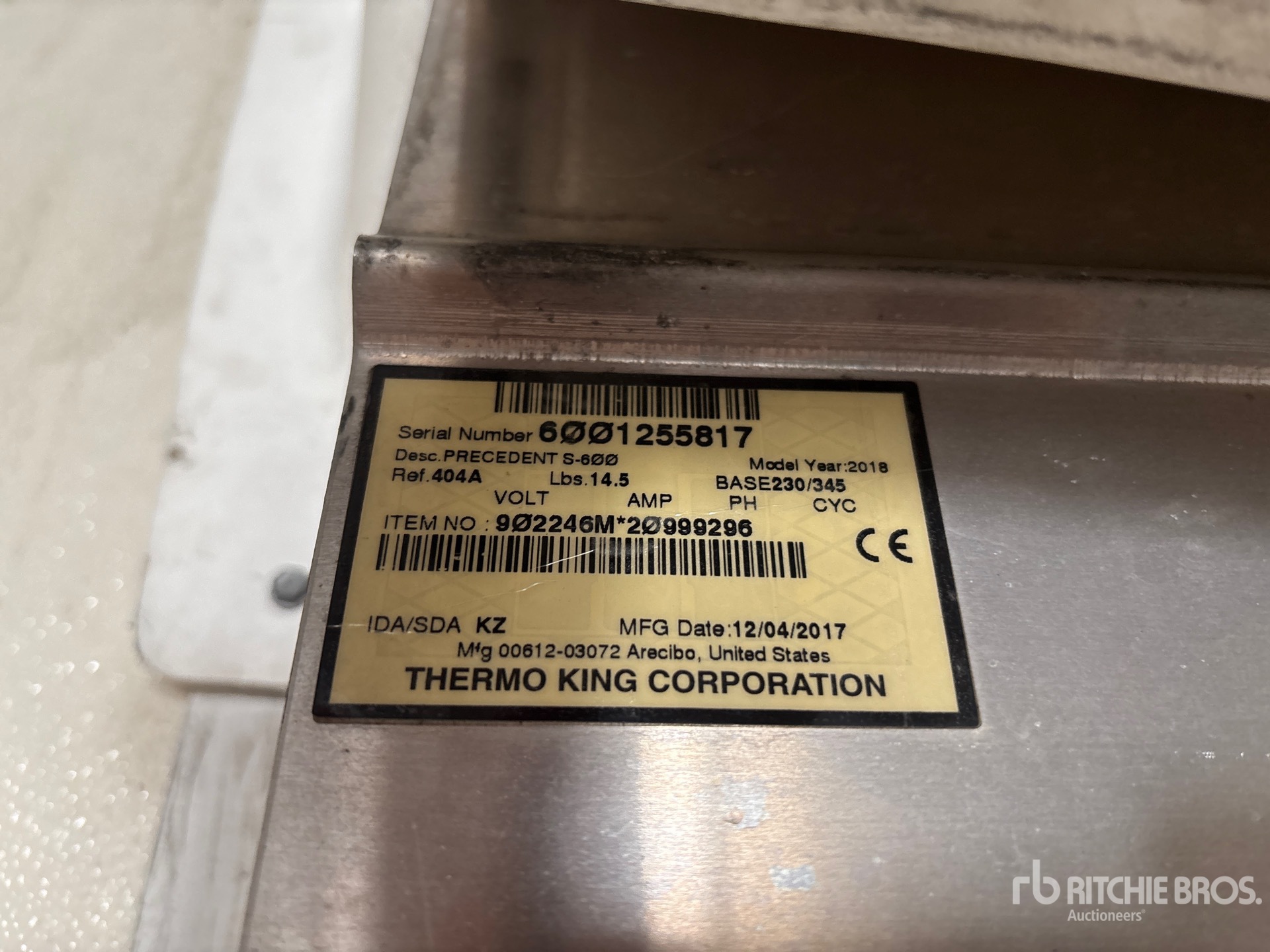 General Appearance with Refrigeration Unit Serial Number