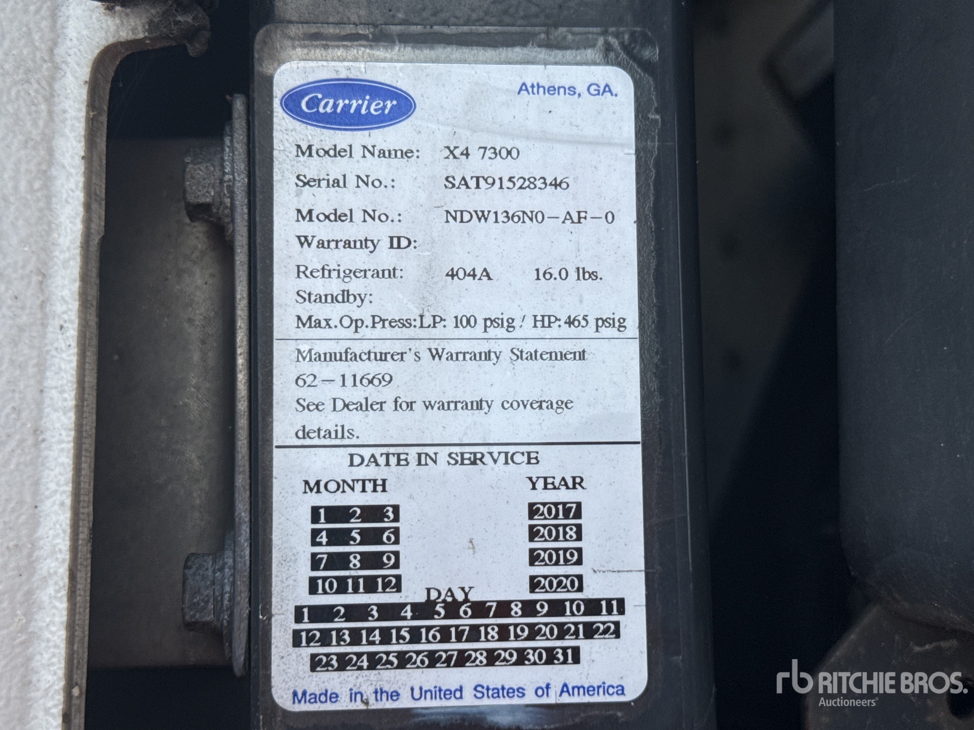 General Appearance with Refrigeration Unit Serial Number