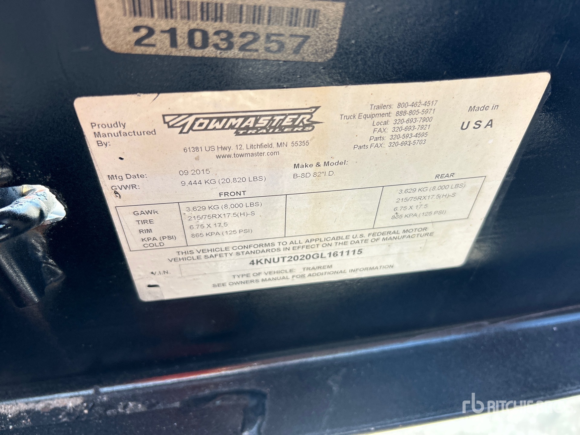 Photo of a 2016 Towmaster B-8D