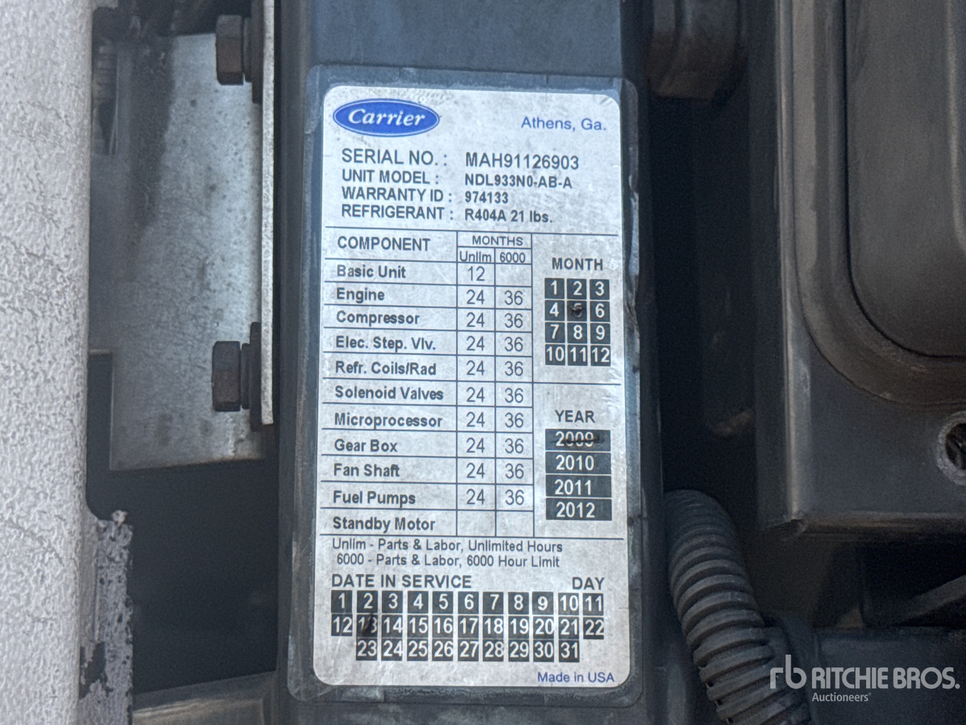 General Appearance with Refrigeration Unit Serial Number
