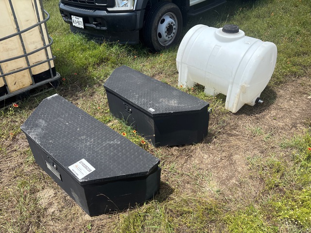 Quantity of (2) Tractor Supply Tool Boxes & (1) 65 Gallon Poly Tank