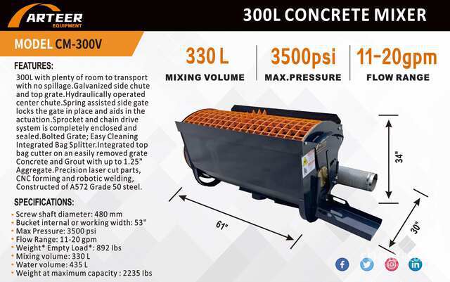 2026 ARTEER CM-300V Skid Steer Concrete Mixer