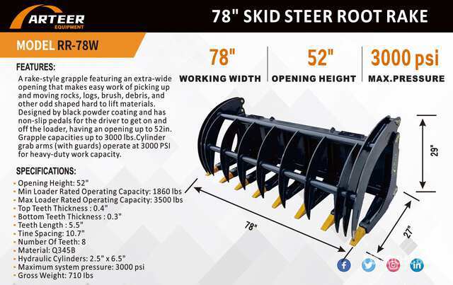 2026 ARTEER RR-78W Skid Steer Root Rake