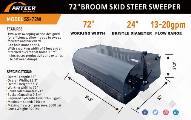 2026 ARTEER SS-72W Skid Steer Sweeper