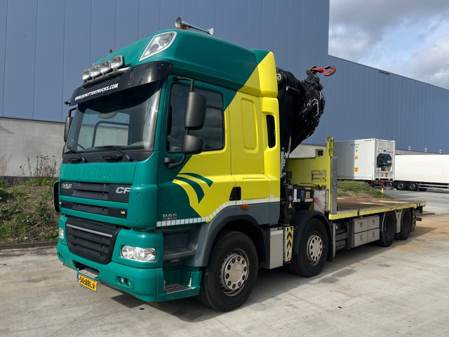 HMF 6020/8520 11500 kg Knuckle Boom on 2012 DAF CF85.460 8x4 Twin-Steer Sleeper Flatbed Truck w/Crane