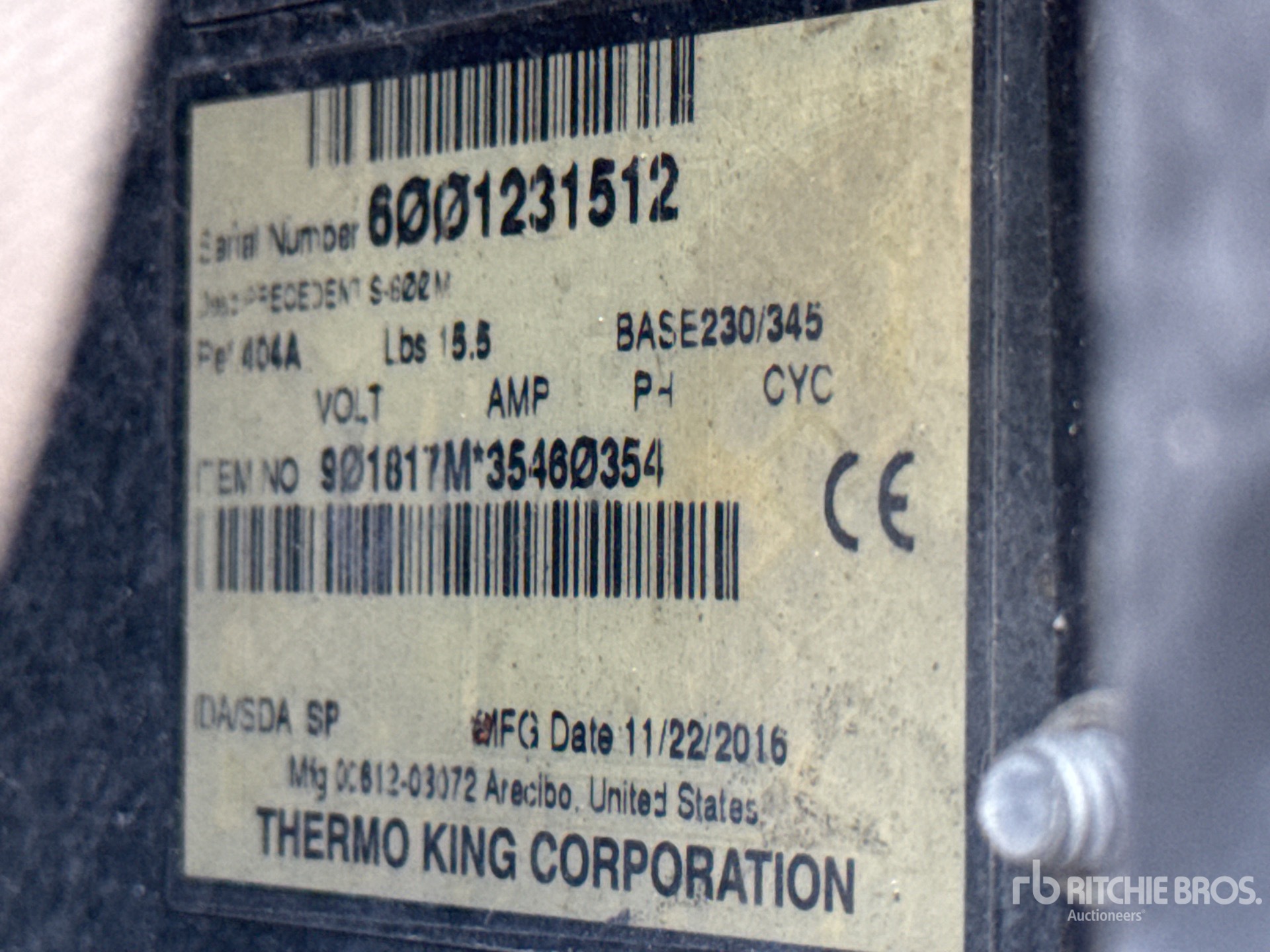 General Appearance with Refrigeration Unit Serial Number