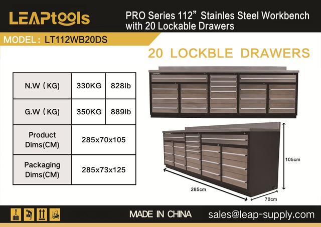 2026 LEAPtools LT112WB20DS 2850 mm 20-Drawer Pro Series Workbench (Unused)