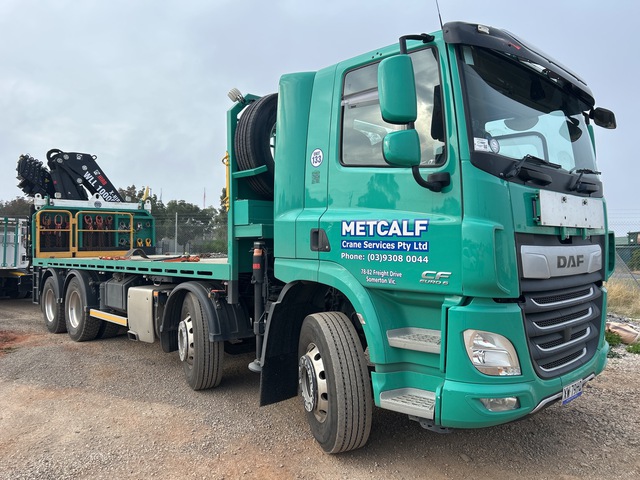 2023 DAF CF450 8x4 Twin-Steer w/ Hiab X-HIPRO 362 10000 kg Articulated Boom Table Top Truck w/Crane