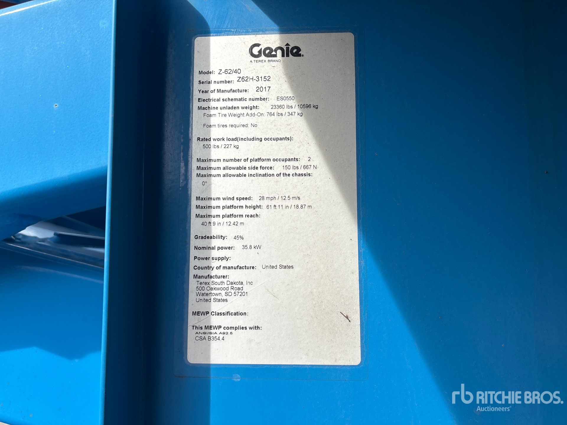 2017 Genie Z-62/40J