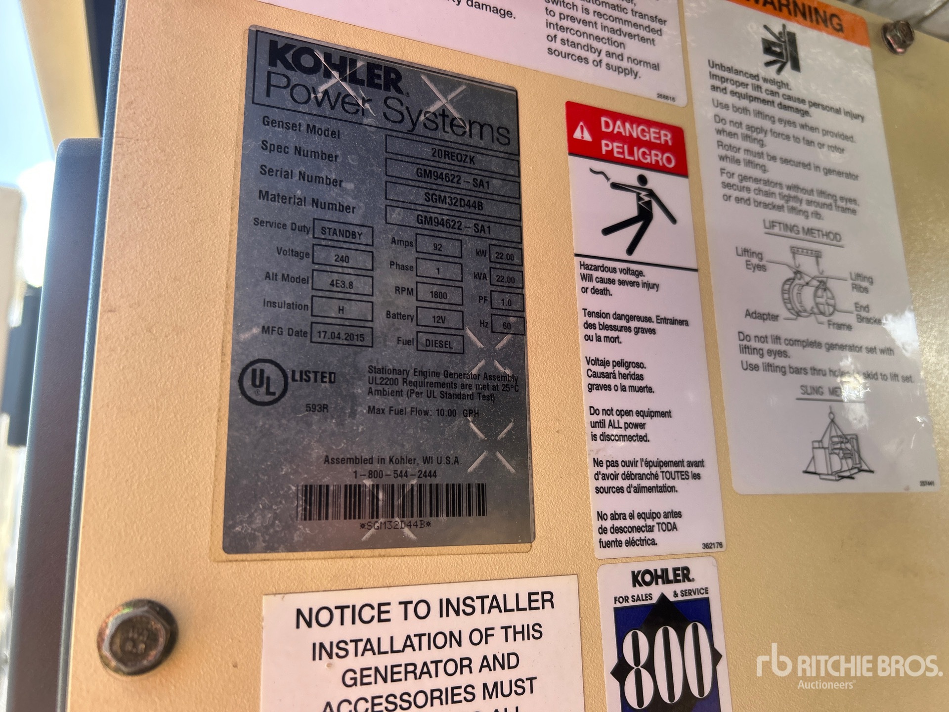 2014 Kohler 22 KW SKID-MOUNTED STAND-BY (IN ...