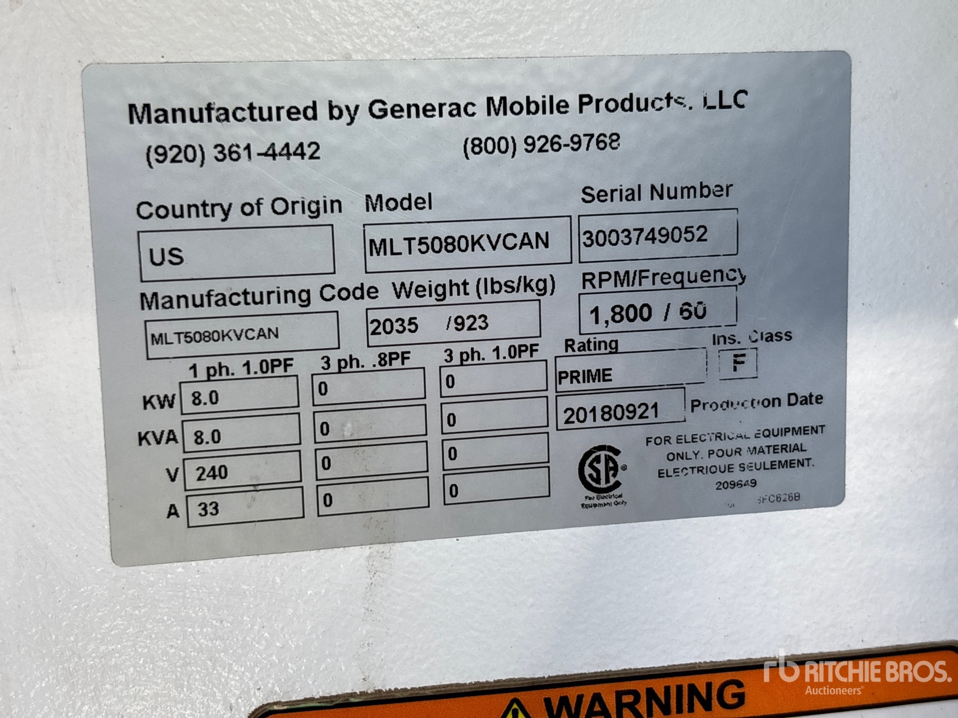 2018 Generac MLT5080KVCAN