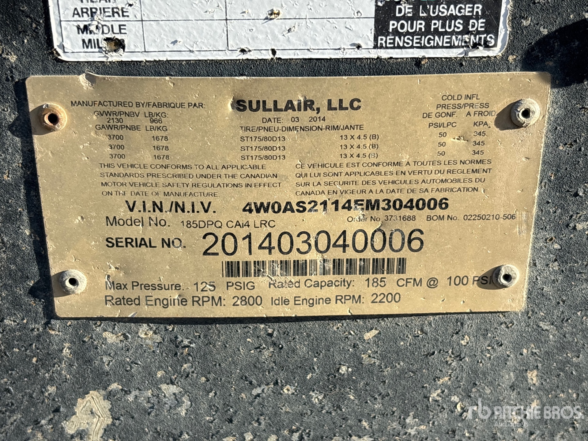 2014 Sullair 185DPQ CAI4 LTC