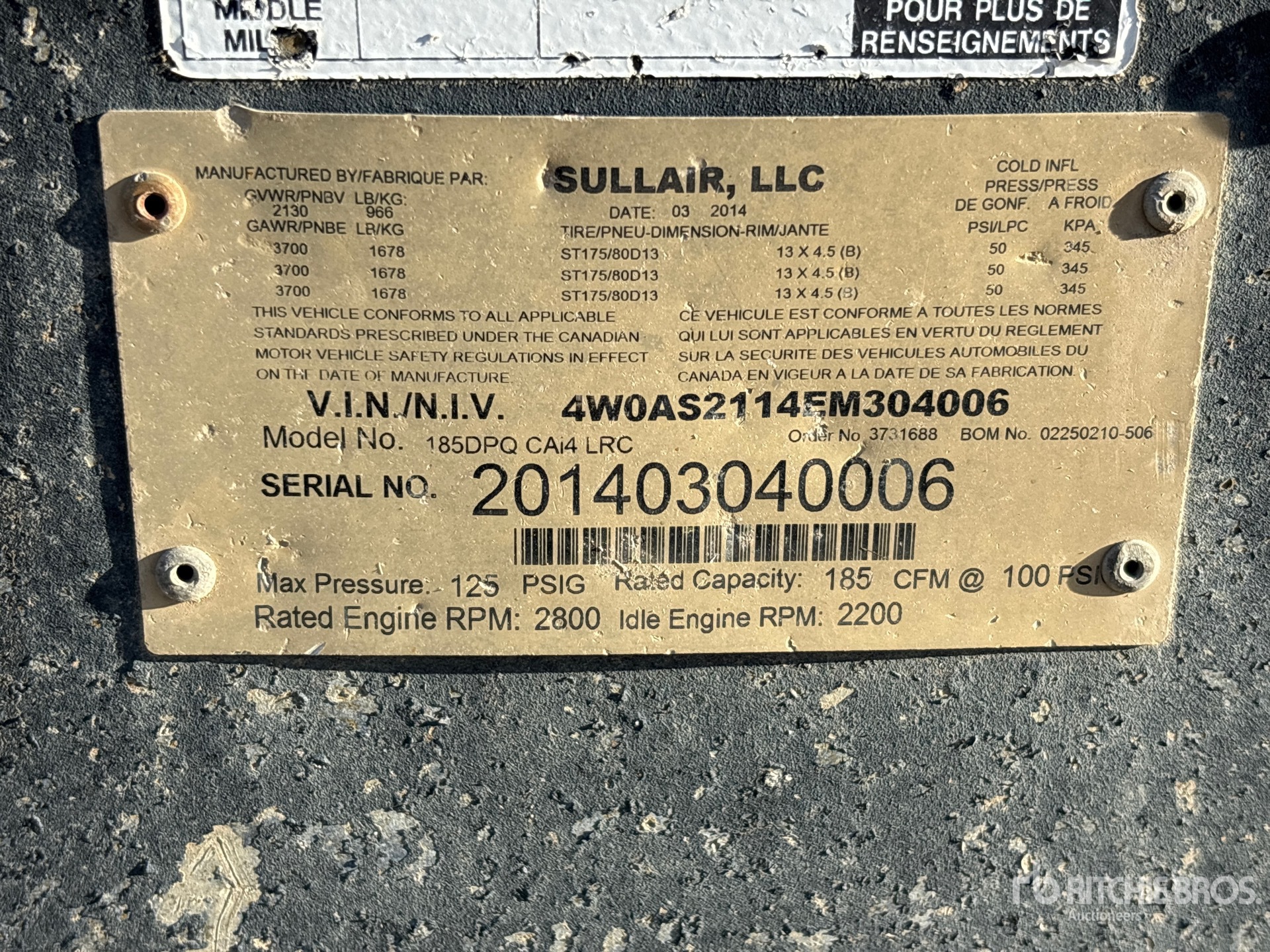 2014 Sullair 185DPQ CAI4 LTC