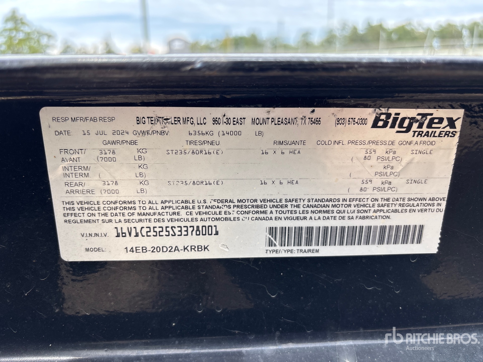2025 Big Tex 14EB-20D2A-KRBK