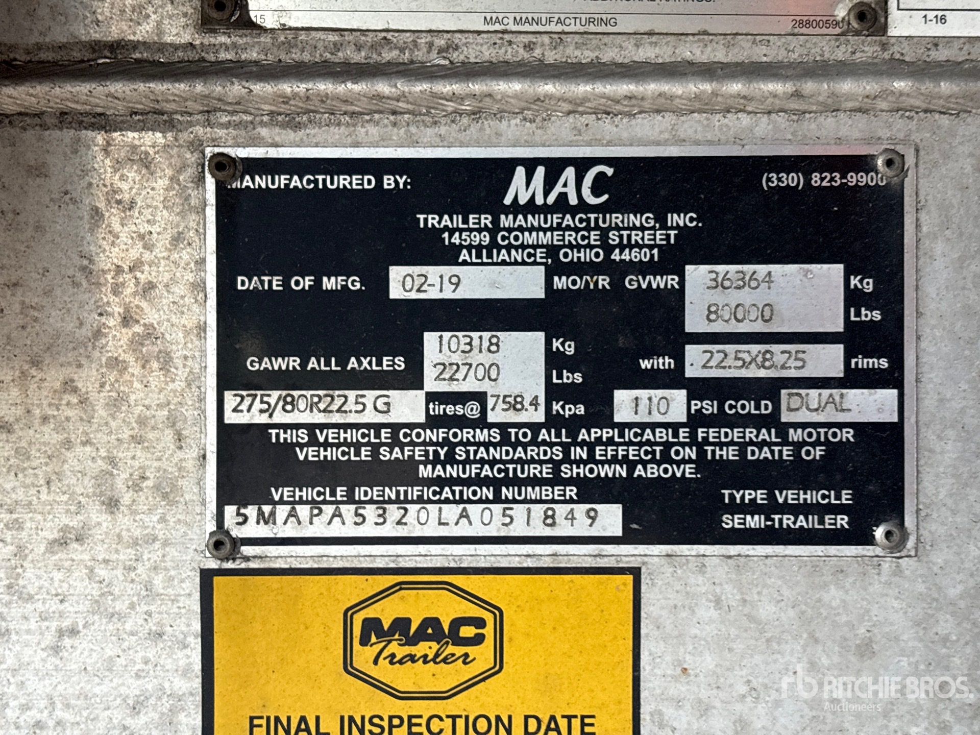 2020 Mac 53 ft T/A Spread Axle