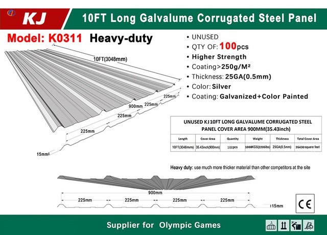 Quantity of (100) 2026 KJ K0311 35 in x 10 ft Galvalume Corrugated Steel Sheets (Unused)