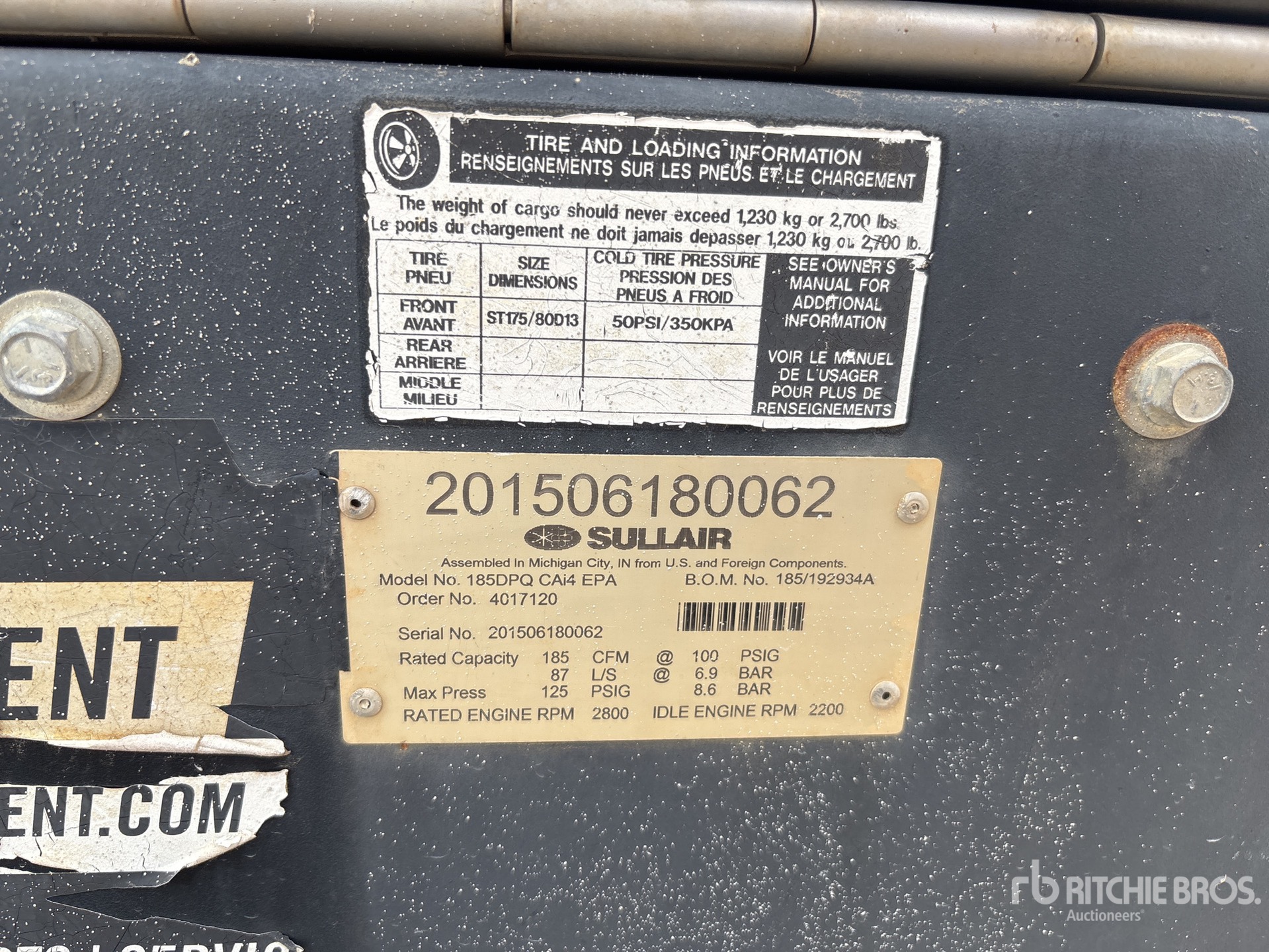 2015 Sullair 185 CFM MOBILE