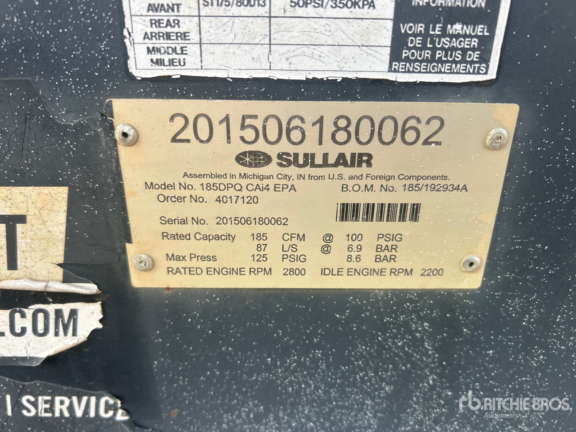 2015 Sullair 185 CFM MOBILE