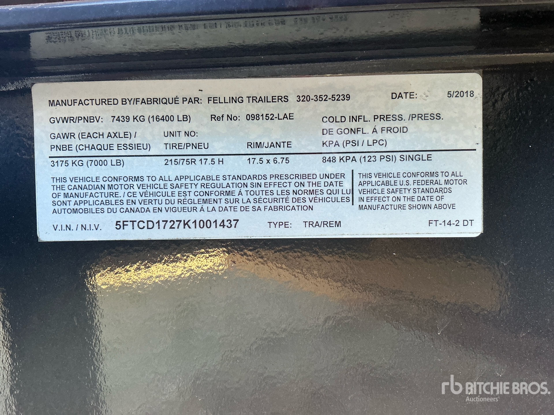 2019 Felling Trailers, Inc. 12 FT 6 IN T/A