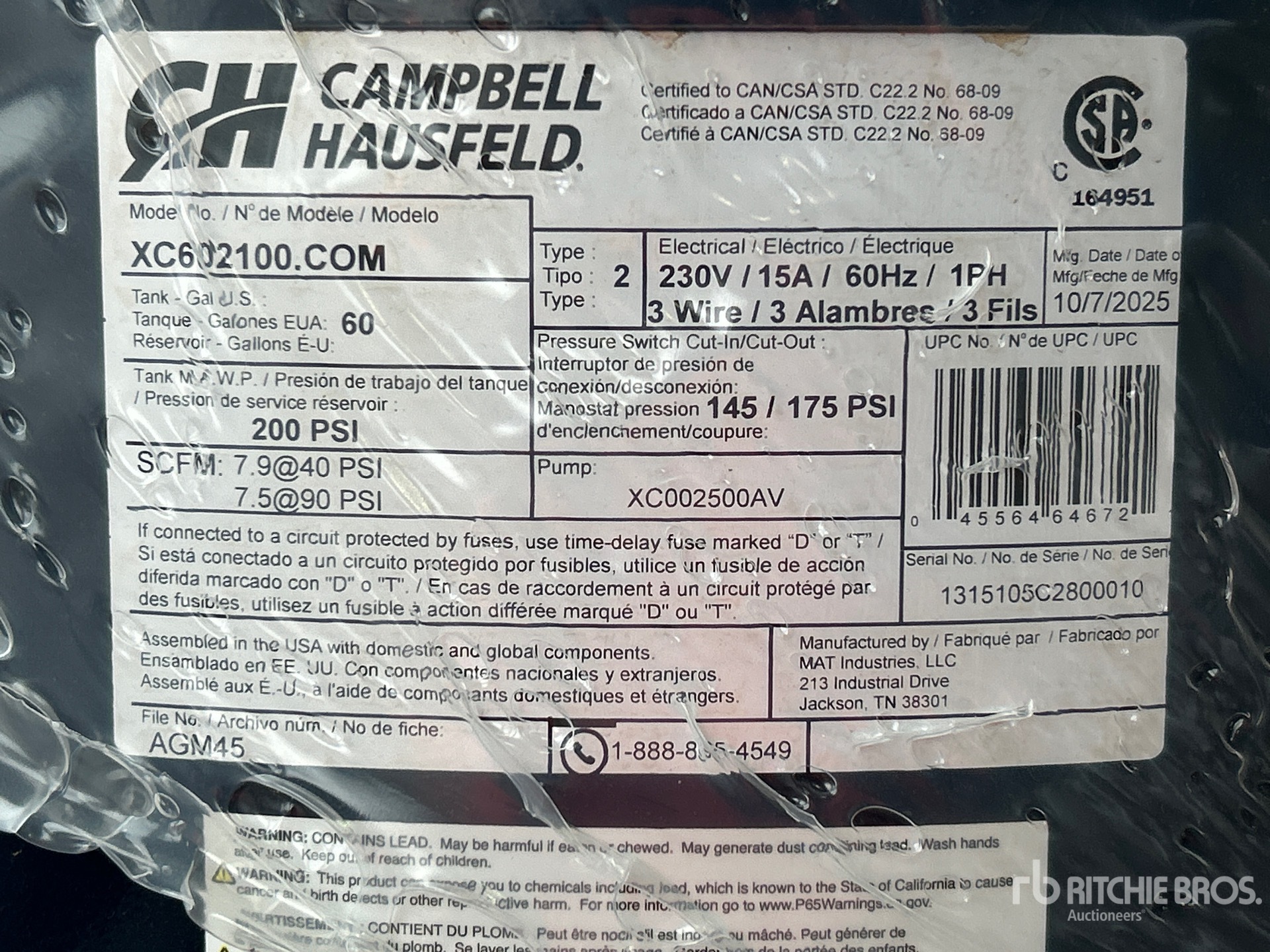 Campbell Hausfeld 7.6 CFM SKID-MOUNTED ELECTRIC 6 ...