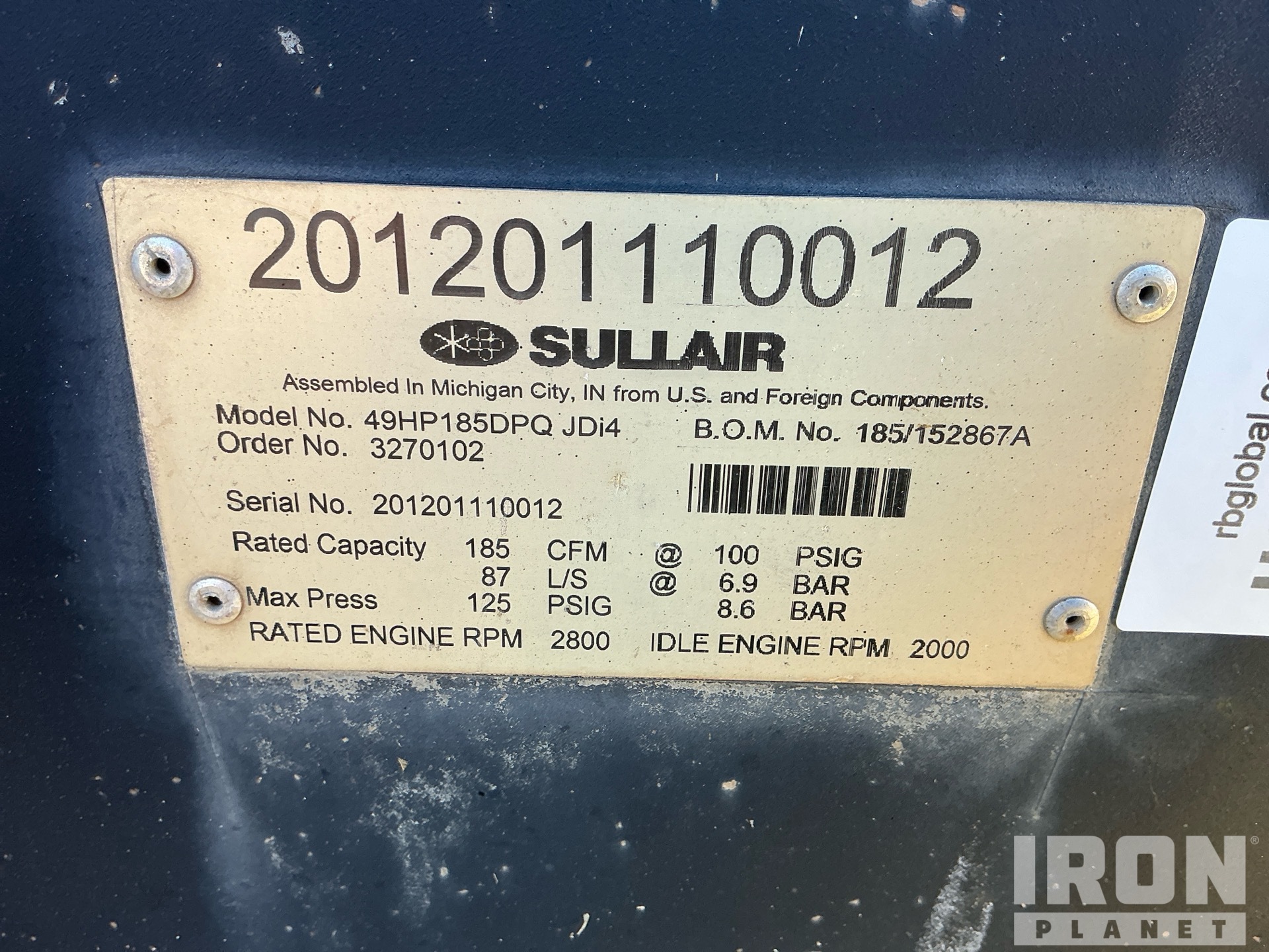 2012 Sullair 49HP185DPQ JDI4
