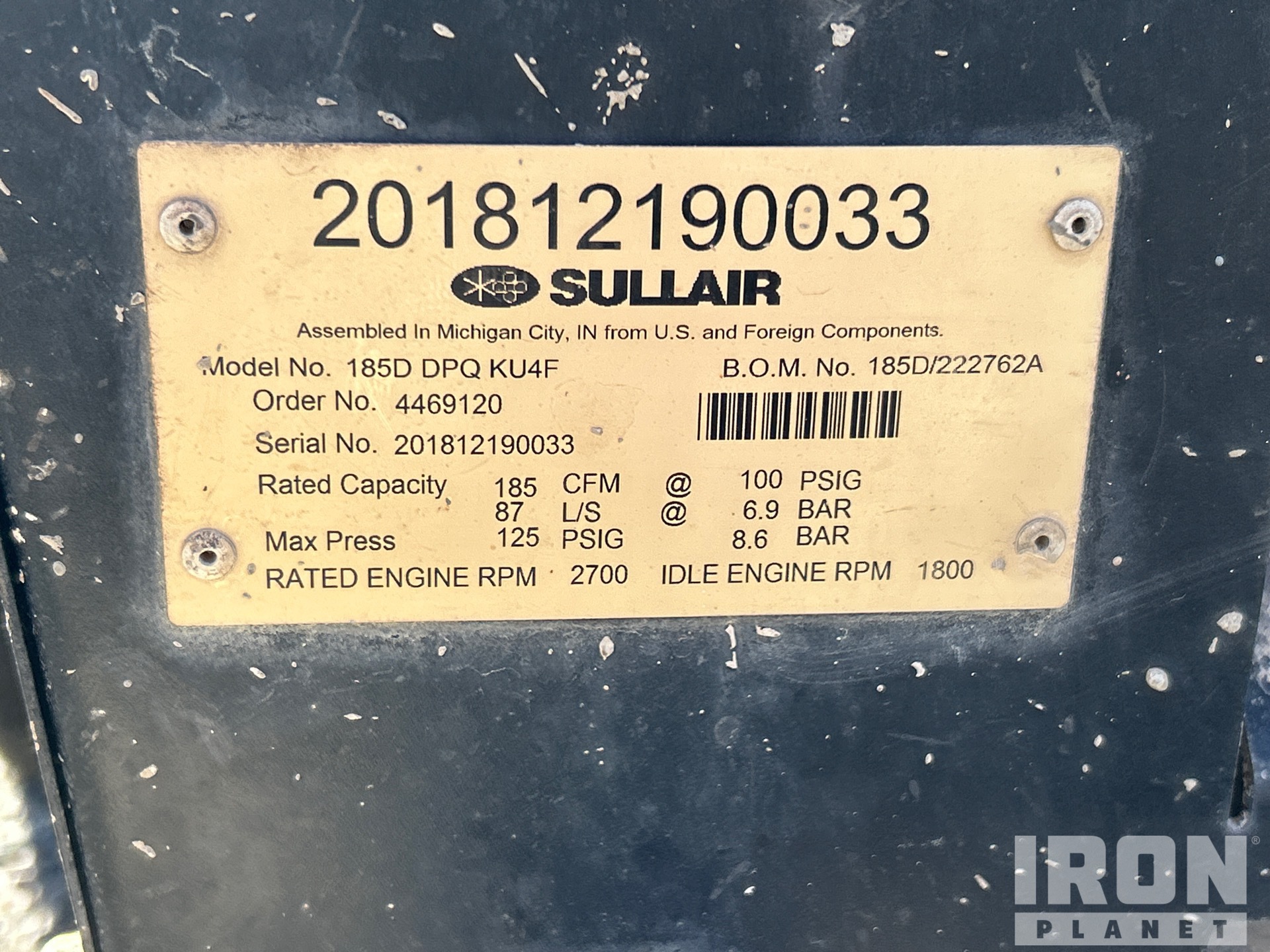 2018 Sullair 185DPQ-KU-T3