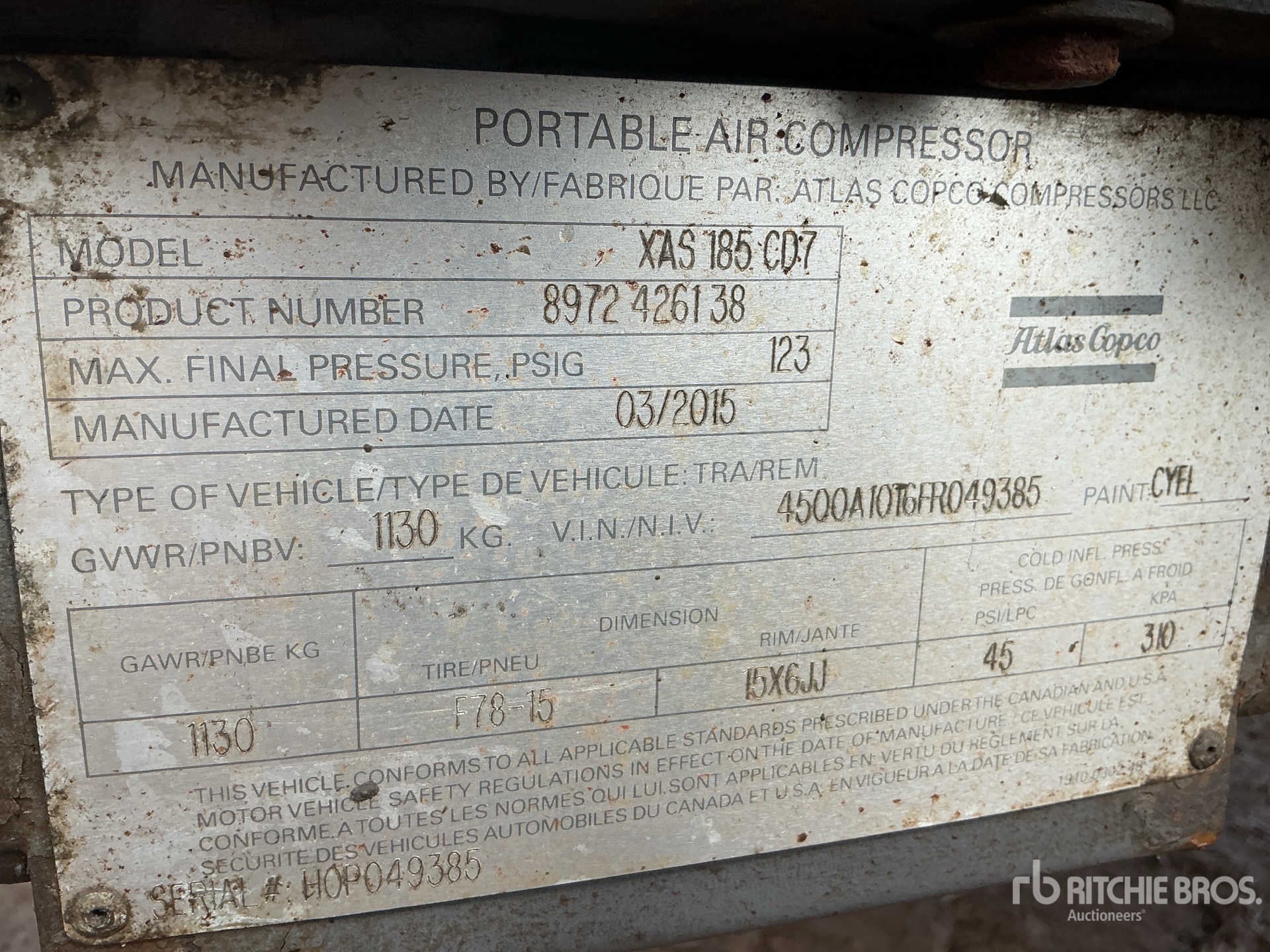 2015 Atlas Copco XAS185CD7