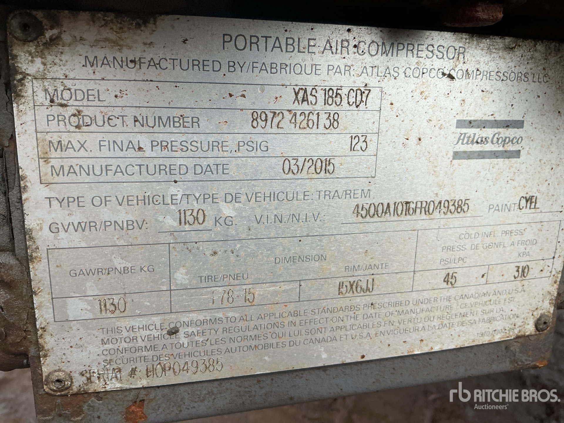 2015 Atlas Copco XAS185CD7