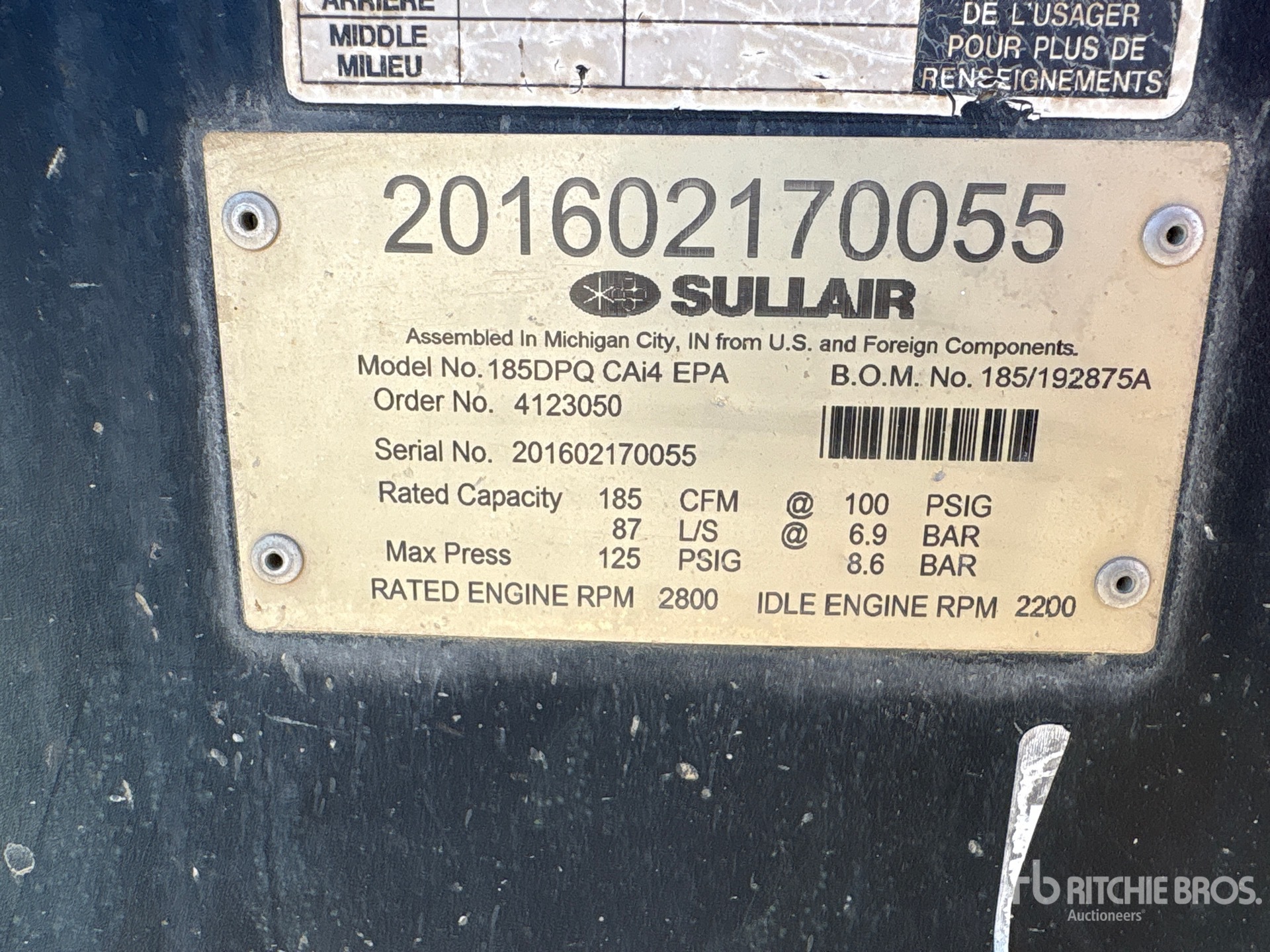 2016 Sullivan 185 CFM (INOPERABLE)