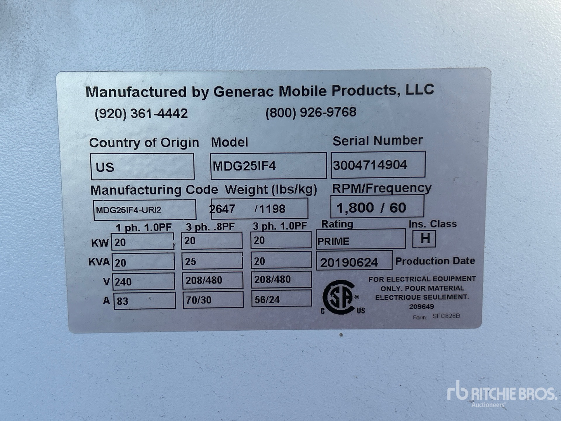 2019 Generac MDG251F4